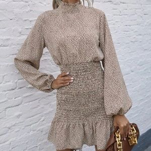 Lantern sleeve shirred ruffle hem all over print dress